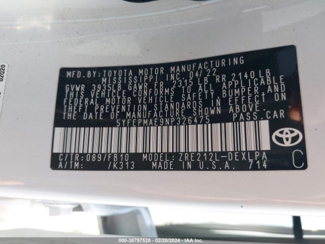 Photo 8 VIN: 5YFEPMAE9NP326475 - TOYOTA COROLLA 