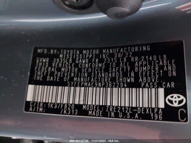 Photo 8 VIN: 5YFEPMAE9NP362294 - TOYOTA COROLLA 