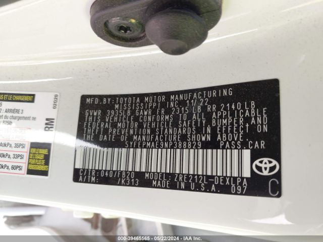 Photo 8 VIN: 5YFEPMAE9NP388829 - TOYOTA COROLLA 