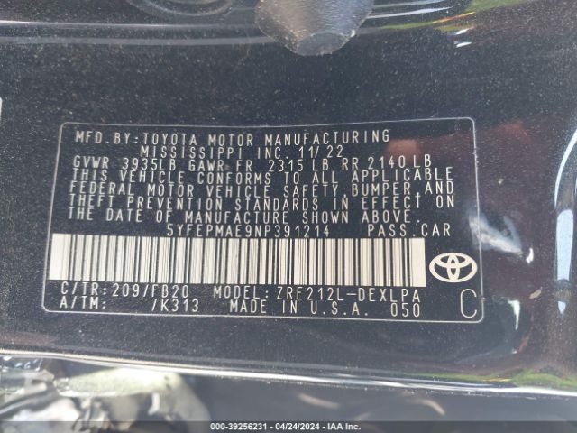 Photo 8 VIN: 5YFEPMAE9NP391214 - TOYOTA COROLLA 