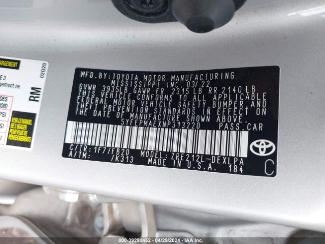 Photo 8 VIN: 5YFEPMAEXNP313220 - TOYOTA COROLLA 