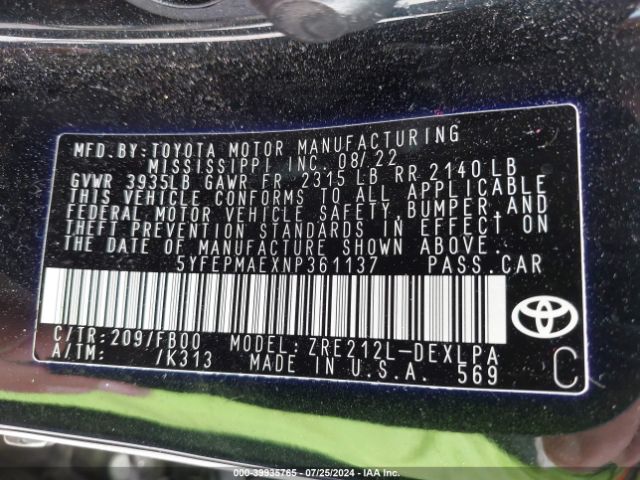 Photo 8 VIN: 5YFEPMAEXNP361137 - TOYOTA COROLLA 