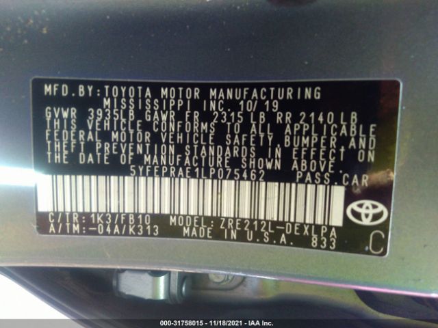 Photo 8 VIN: 5YFEPRAE1LP075462 - TOYOTA COROLLA 