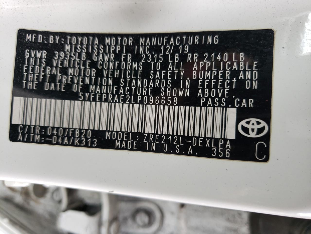 Photo 12 VIN: 5YFEPRAE2LP096658 - TOYOTA COROLLA 