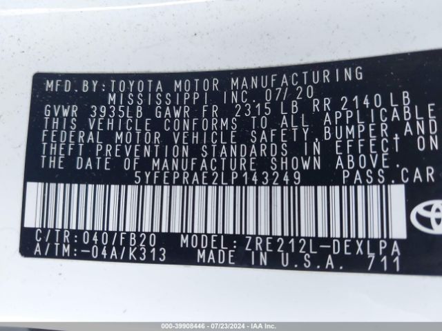 Photo 8 VIN: 5YFEPRAE2LP143249 - TOYOTA COROLLA 