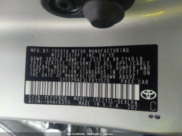 Photo 8 VIN: 5YFEPRAE3LP011570 - TOYOTA COROLLA 