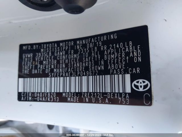 Photo 8 VIN: 5YFEPRAE3LP049672 - TOYOTA COROLLA 