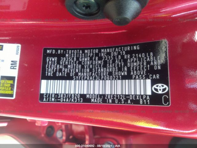 Photo 8 VIN: 5YFEPRAE3LP060221 - TOYOTA COROLLA 