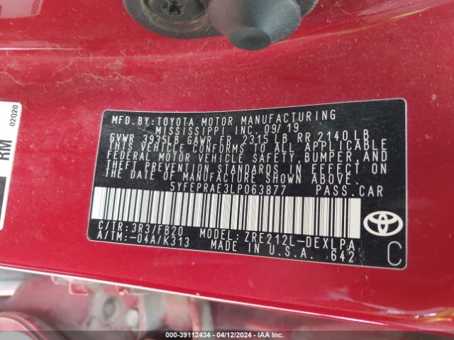 Photo 8 VIN: 5YFEPRAE3LP063877 - TOYOTA COROLLA 