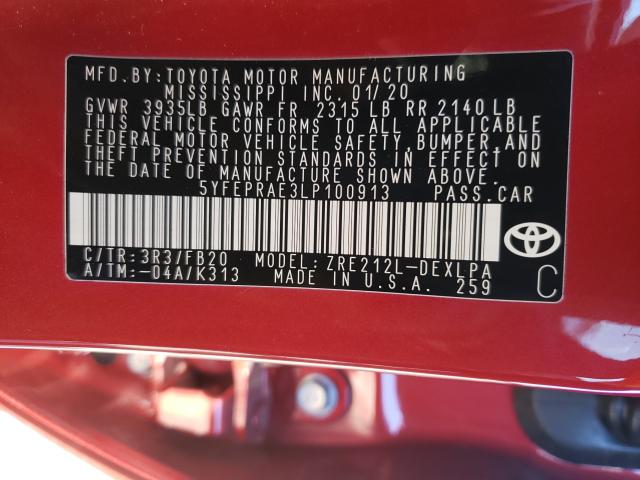 Photo 9 VIN: 5YFEPRAE3LP100913 - TOYOTA COROLLA LE 