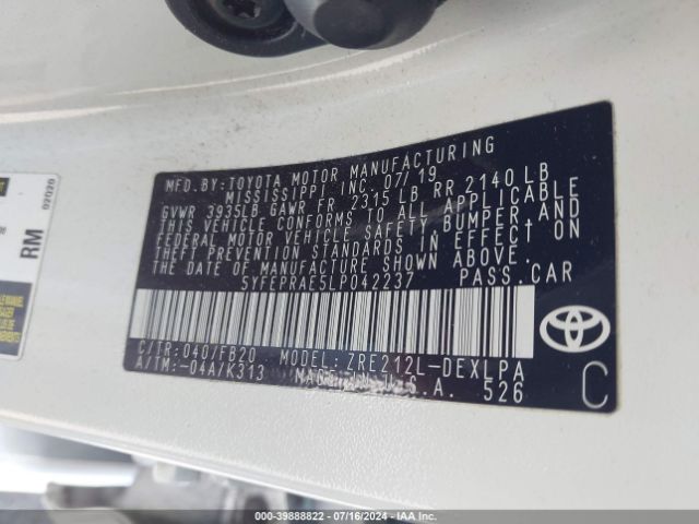 Photo 8 VIN: 5YFEPRAE5LP042237 - TOYOTA COROLLA 