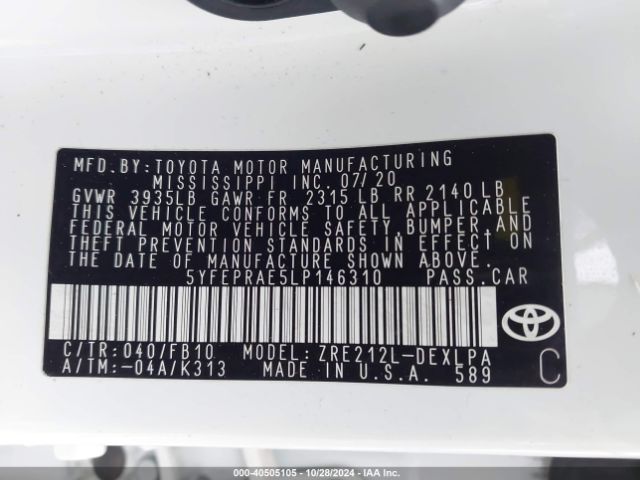 Photo 8 VIN: 5YFEPRAE5LP146310 - TOYOTA COROLLA 