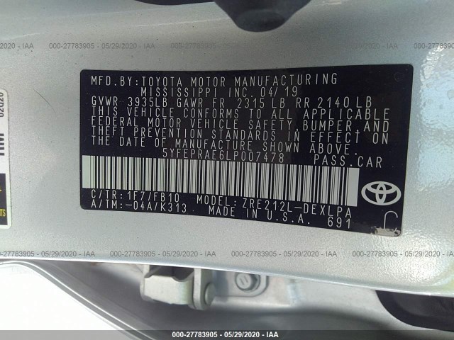 Photo 8 VIN: 5YFEPRAE6LP007478 - TOYOTA COROLLA 