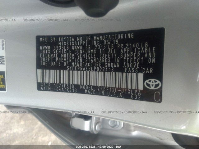 Photo 8 VIN: 5YFEPRAE8LP022418 - TOYOTA COROLLA 