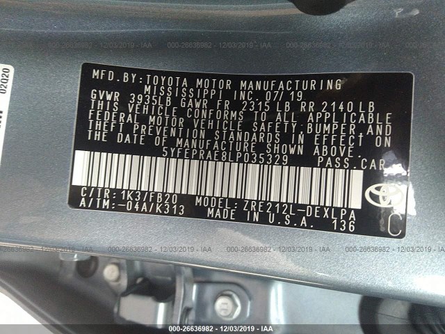 Photo 8 VIN: 5YFEPRAE8LP035329 - TOYOTA COROLLA 