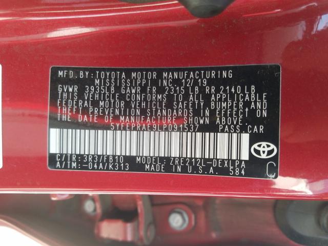 Photo 9 VIN: 5YFEPRAE9LP091537 - TOYOTA COROLLA LE 