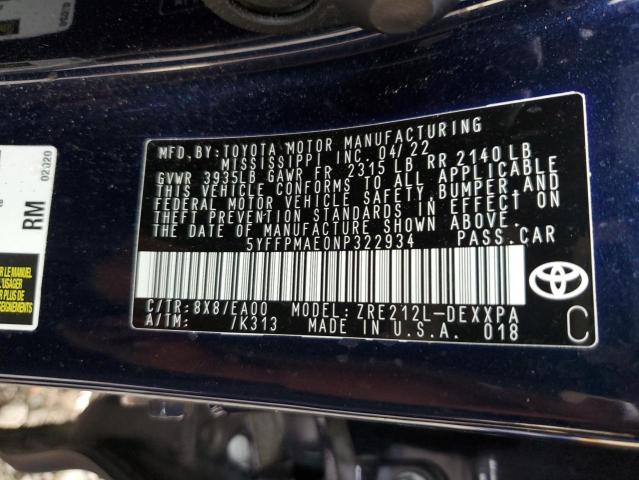 Photo 11 VIN: 5YFFPMAE0NP322934 - TOYOTA COROLLA XL 