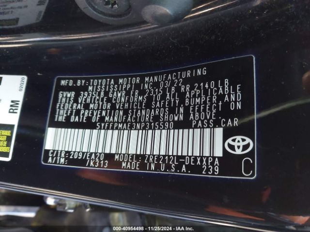 Photo 8 VIN: 5YFFPMAE3NP315590 - TOYOTA COROLLA 