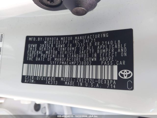 Photo 8 VIN: 5YFFPMAE4MP238002 - TOYOTA COROLLA 