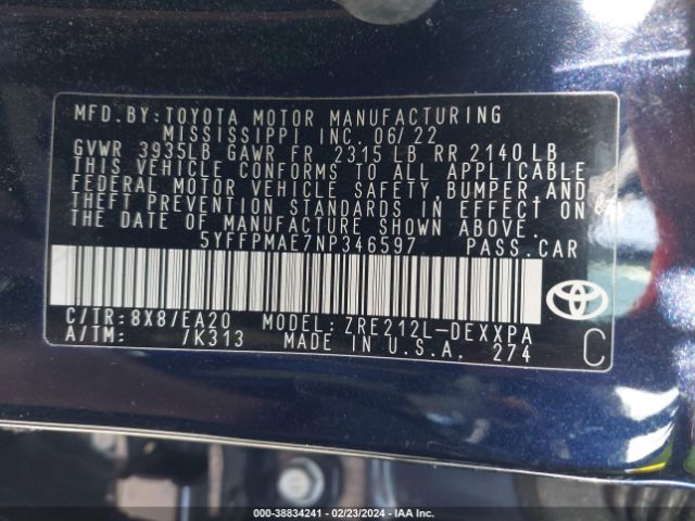 Photo 8 VIN: 5YFFPMAE7NP346597 - TOYOTA COROLLA 