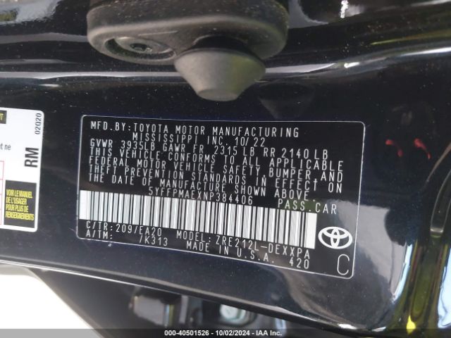 Photo 8 VIN: 5YFFPMAEXNP384406 - TOYOTA COROLLA XL 