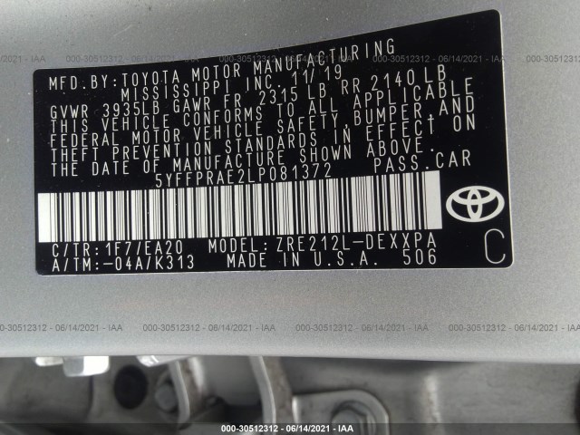 Photo 8 VIN: 5YFFPRAE2LP081372 - TOYOTA COROLLA 