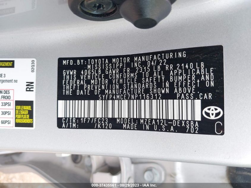 Photo 8 VIN: 5YFP4MCE7NP116312 - TOYOTA COROLLA 