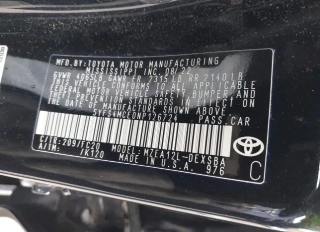 Photo 8 VIN: 5YFS4MCE0NP126724 - TOYOTA COROLLA 