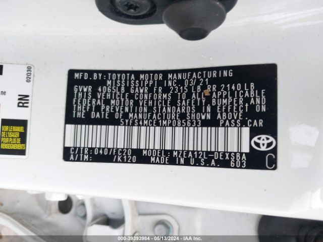 Photo 8 VIN: 5YFS4MCE1MP085633 - TOYOTA COROLLA 