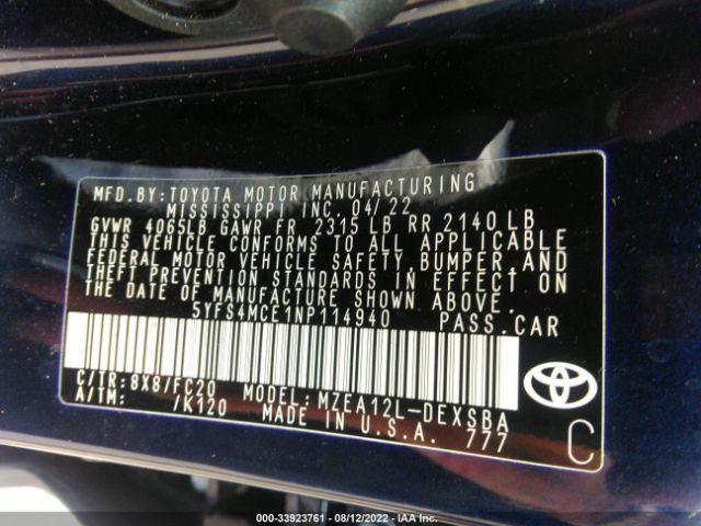 Photo 8 VIN: 5YFS4MCE1NP114940 - TOYOTA COROLLA 