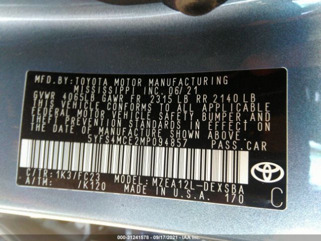 Photo 8 VIN: 5YFS4MCE2MP094857 - TOYOTA COROLLA 