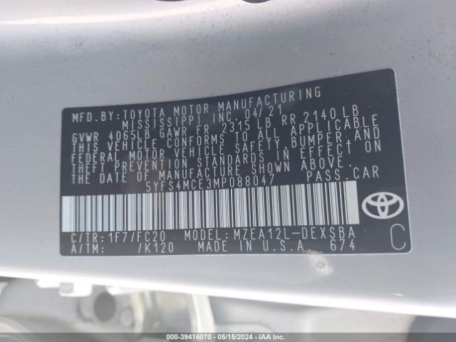 Photo 8 VIN: 5YFS4MCE3MP088047 - TOYOTA COROLLA 