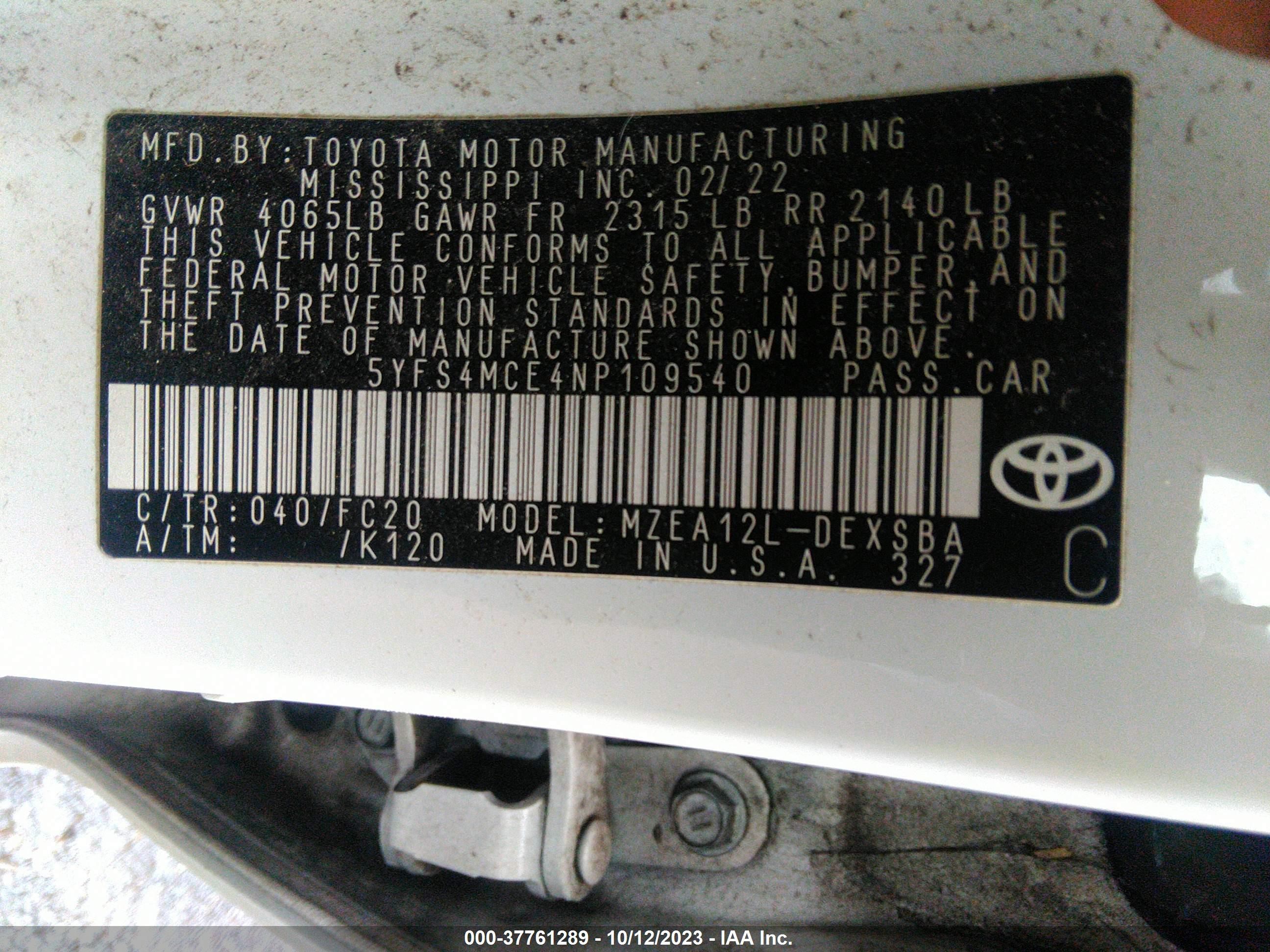 Photo 8 VIN: 5YFS4MCE4NP109540 - TOYOTA COROLLA 