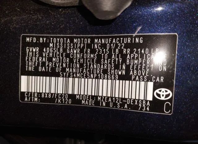 Photo 8 VIN: 5YFS4MCE5NP108669 - TOYOTA COROLLA 