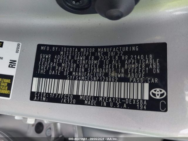 Photo 8 VIN: 5YFS4MCE5NP129862 - TOYOTA COROLLA 