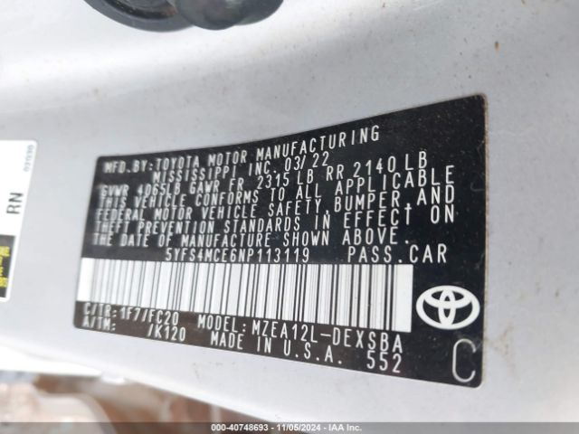 Photo 8 VIN: 5YFS4MCE6NP113119 - TOYOTA COROLLA 