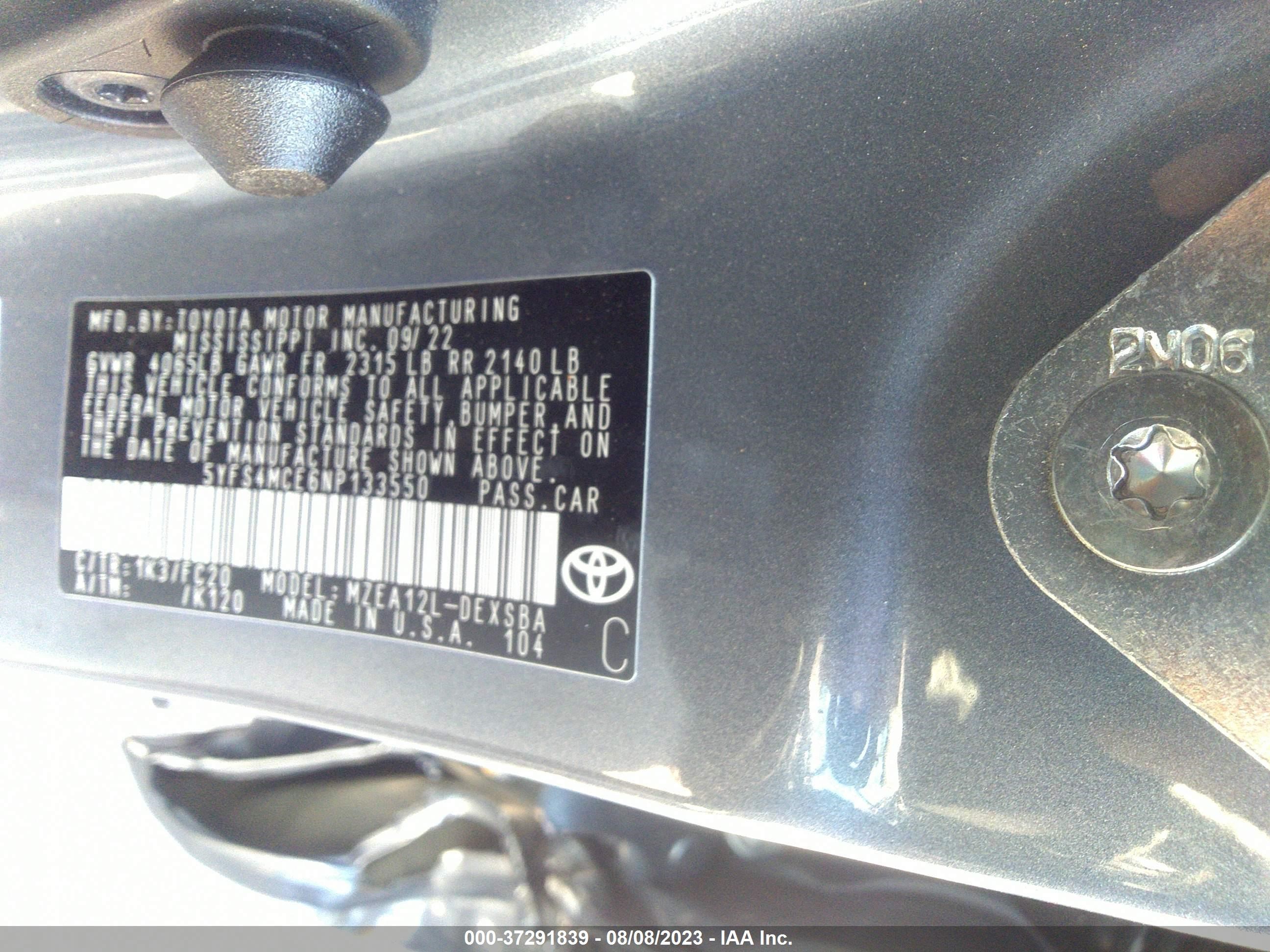 Photo 8 VIN: 5YFS4MCE6NP133550 - TOYOTA COROLLA 