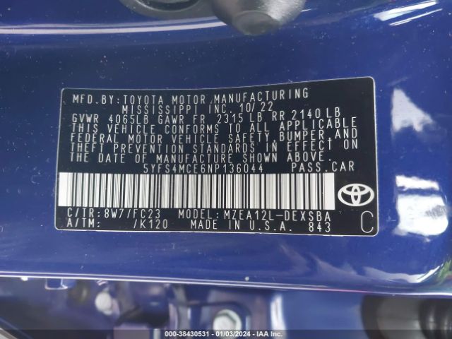 Photo 8 VIN: 5YFS4MCE6NP136044 - TOYOTA COROLLA 