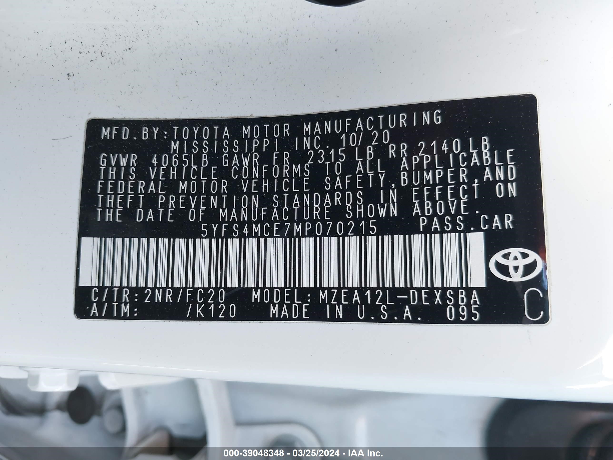 Photo 8 VIN: 5YFS4MCE7MP070215 - TOYOTA COROLLA 