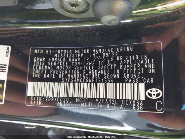 Photo 8 VIN: 5YFS4MCE8NP134554 - TOYOTA COROLLA 