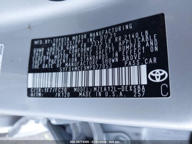 Photo 8 VIN: 5YFS4MCE9MP077053 - TOYOTA COROLLA 