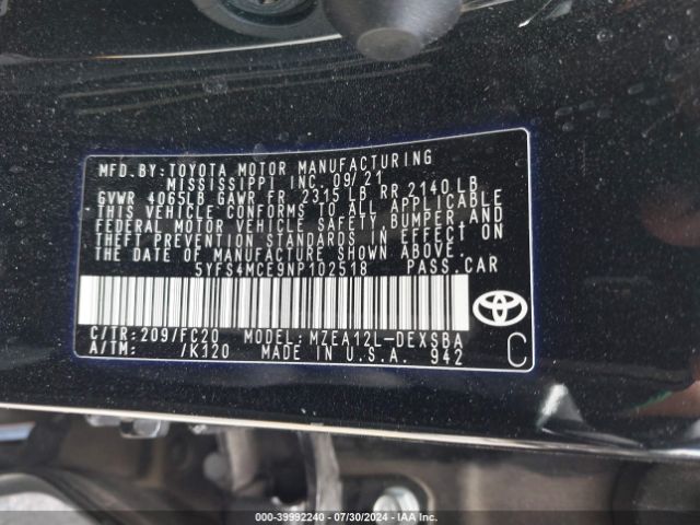 Photo 8 VIN: 5YFS4MCE9NP102518 - TOYOTA COROLLA 