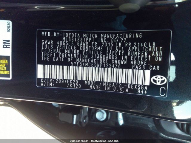 Photo 8 VIN: 5YFS4MCE9NP122476 - TOYOTA COROLLA 