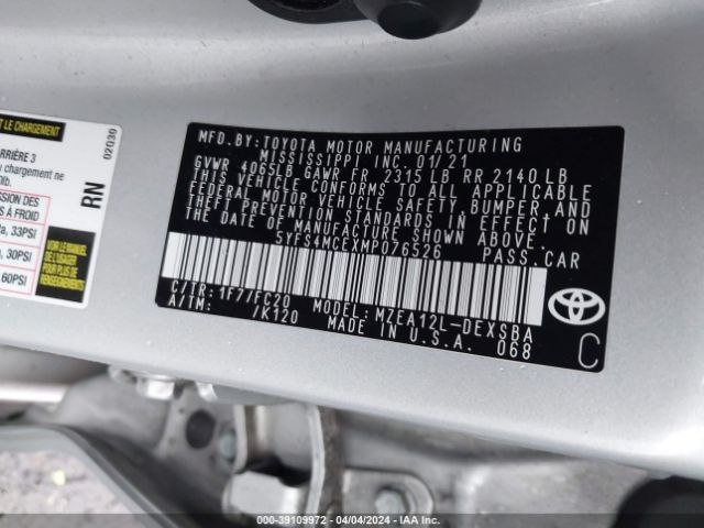 Photo 8 VIN: 5YFS4MCEXMP076526 - TOYOTA COROLLA 