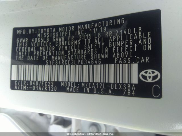 Photo 8 VIN: 5YFS4RCE3LP034646 - TOYOTA COROLLA 