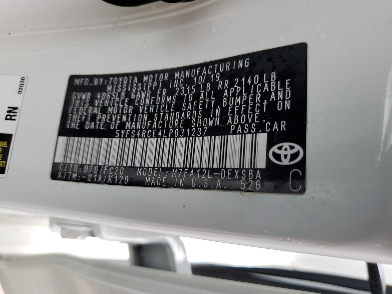 Photo 12 VIN: 5YFS4RCE4LP031237 - TOYOTA COROLLA 