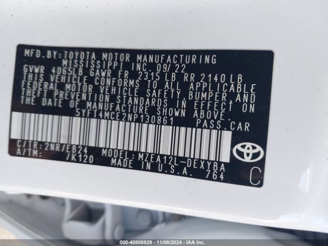 Photo 8 VIN: 5YFT4MCE2NP130861 - TOYOTA COROLLA 