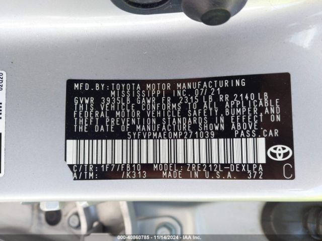 Photo 8 VIN: 5YFVPMAE0MP271039 - TOYOTA COROLLA 