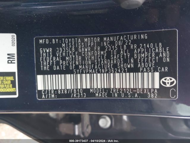 Photo 8 VIN: 5YFVPMAE1NP362421 - TOYOTA COROLLA 