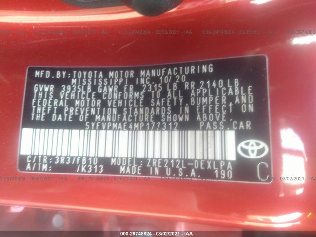 Photo 8 VIN: 5YFVPMAE4MP177312 - TOYOTA COROLLA 